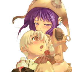 Rule 34 | 1boy, 1girl, :o, absurdres, brown dress, brown eyes, dress, gloves, hair over one eye, half-closed eyes, highres, hood, juliet sleeves, long sleeves, morii shizuki, open mouth, puffy long sleeves, puffy sleeves, purple eyes, purple hair, ragnarok online, red eyes, seductive smile, silver hair, simple background, smile, upper body, white background