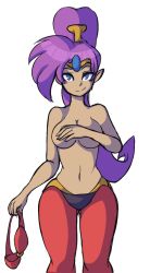Rule 34 | 1girl, blue eyes, breasts, covering privates, covering breasts, dark skin, dark-skinned female, drawfag, female focus, long hair, looking at viewer, navel, ponytail, purple hair, shantae, shantae (series), smile, solo, topless, undressing