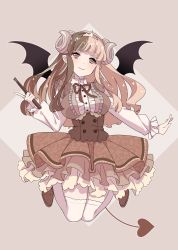 Rule 34 | 1girl, blunt bangs, breasts, brown eyes, brown footwear, brown hair, crown, curled horns, demon horns, demon tail, demon wings, flying, full body, grey background, highres, holding, horns, instrument, large breasts, layered skirt, long sleeves, looking at viewer, multicolored hair, neck ribbon, original, personification, red ribbon, ribbon, samei ikusa, shoes, skirt, smile, solo, split-color hair, tail, thighhighs, two-tone hair, underbust, white thighhighs, wings
