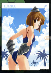 Rule 34 | 00s, 1girl, ass, bakutendou, blush, bob cut, brown eyes, brown hair, cloud, contrail, day, drill, from behind, hagiwara yukiho, highres, idolmaster, idolmaster (classic), idolmaster 1, light smile, looking at viewer, looking back, one-piece swimsuit, one-piece tan, palm tree, red eyes, school swimsuit, shiny skin, short hair, sky, solo, swimsuit, tan, tanline, tree