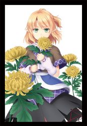Rule 34 | arm warmers, black skirt, blonde hair, border, closed mouth, cowboy shot, flower, green eyes, holding, holding flower, isaki (gomi), mizuhashi parsee, pointy ears, ponytail, sash, scarf, short hair, short sleeves, skirt, solo, touhou, white background, white scarf