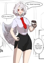 Rule 34 | 1girl, :d, collared shirt, commentary, cup, english commentary, english text, grey hair, holding, holding cup, kishin sagume, long sleeves, looking at viewer, necktie, open mouth, red eyes, red necktie, sapiens, shirt, short hair, single wing, smile, solo, speech bubble, touhou, white shirt, wings
