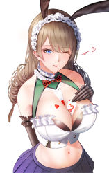 Rule 34 | 1girl, absurdres, ace (playing card), ace of hearts, animal ears, azur lane, bare shoulders, between breasts, black gloves, blue eyes, blue skirt, bow, bowtie, breast tattoo, breasts, brown hair, card, choker, cleavage, commentary, cowboy shot, crop top, dead or alive, dead or alive xtreme, drill hair, elbow gloves, fake animal ears, frilled choker, frilled gloves, frilled hairband, frills, gloves, hairband, heart, heart tattoo, highres, holding, holding card, large breasts, long hair, looking at viewer, midriff, monica (doa), navel, one eye closed, parted lips, playing card, pleated skirt, rabbit ears, sidelocks, simple background, skirt, smile, solo, standing, tattoo, twin drills, white background, you (yoyou)