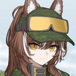 Rule 34 | 1girl, animal ear fluff, animal ears, baseball cap, brown hair, character request, cheogtanbyeong, commentary, copyright request, goggles, goggles on head, green hat, green jacket, hat, jacket, long hair, looking at viewer, multicolored hair, outdoors, ponytail, solo, streaked hair, yellow eyes