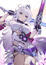 Rule 34 | 1girl, armor, asc11, bare shoulders, black gloves, blue eyes, breasts, chinese commentary, cleavage, closed mouth, crown, dress, drill hair, dual wielding, gloves, grey eyes, grey hair, gun, hair between eyes, hair ornament, highres, holding, holding gun, holding sword, holding weapon, honkai (series), honkai impact 3rd, jewelry, kiana kaslana, kiana kaslana (herrscher of finality), large breasts, long hair, looking at viewer, purple pupils, simple background, smile, solo, sword, twin drills, very long hair, weapon, white background, white dress, white hair