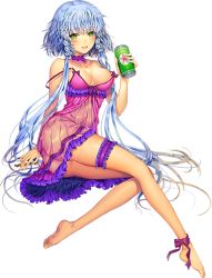 Rule 34 | 1girl, :d, ankle ribbon, artist request, ass, barefoot, beer can, blue hair, blush, bridal garter, can, chemise, choker, drink can, feet, female focus, full body, green eyes, leg ribbon, legs, lingerie, long legs, negligee, open mouth, ribbon, see-through, short hair with long locks, sidelocks, sitting, smile, soles, solo, strap slip, toes, transparent background, underwear, unleashed