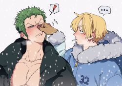 Rule 34 | 2boys, absurdres, bishounen, blonde hair, blush, cigarette, closed eyes, coat, curly eyebrows, earrings, facial hair, fur coat, gloves, green hair, highres, jewelry, long sideburns, male focus, multiple boys, nose blush, one piece, roronoa zoro, sanji (one piece), scar, scar across eye, scar on chest, scar on face, short hair, sideburns, tm one