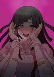 Rule 34 | 1girl, 1other, :d, apron, bad id, bad pixiv id, bandaged arm, bandages, bandaid, bandaid on arm, breasts, brown eyes, brown hair, collarbone, danganronpa (series), danganronpa 2: goodbye despair, drooling, grey apron, heart, heart in eye, highres, holding another&#039;s wrist, in a, large breasts, long hair, open mouth, pink background, pink shirt, pov, saliva, shirt, simple background, smile, symbol in eye, teeth, tsumiki mikan, upper body, upper teeth only