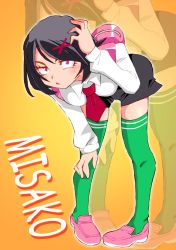 Rule 34 | 1girl, backpack, bag, black hair, blouse, breasts, character name, closed mouth, collared shirt, cosmetics, eyelashes, graphite (medium), green thighhighs, hair ornament, hand on own head, kunio-kun series, looking at viewer, millipen (medium), misako (kunio-kun), necktie, onnaski, red necktie, river city girls, shirt, short hair, short shorts, shorts, solo, standing, swept bangs, thighhighs, traditional media, white shirt, x hair ornament