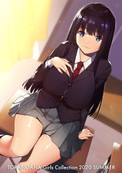 Rule 34 | 1girl, arm at side, black hair, blazer, blurry, blurry background, breasts, closed mouth, depth of field, desk, dutch angle, from above, green eyes, hand on own chest, indoors, jacket, large breasts, long hair, looking at viewer, on desk, sample watermark, school desk, school uniform, shiny skin, sidelocks, sitting, skirt, smile, solo, thighs, tomohiro kai, toranoana, watermark