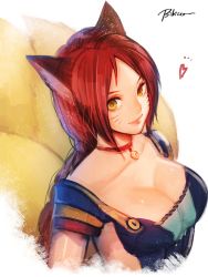 Rule 34 | 1girl, ahri (league of legends), alternate hair color, animal ears, arms at sides, bad id, bad pixiv id, bibico, braid, breasts, cleavage, facial mark, fox ears, fox tail, foxfire ahri, from above, heart, league of legends, light smile, lips, looking at viewer, multiple tails, red hair, single braid, solo, tail, upper body, whisker markings, yellow eyes