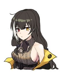 Rule 34 | 1girl, black hair, blush, breasts, closed mouth, commentary request, gas mask, girls&#039; frontline, gloves, heterochromia, highres, jacket, long hair, looking at viewer, mask, mask around neck, mod3 (girls&#039; frontline), mouth mask, multicolored hair, red eyes, ro635 (girls&#039; frontline), ro635 (mod3) (girls&#039; frontline), solo, streaked hair, upper body, white background, white hair, yanggaengwang, yellow eyes