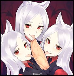 Rule 34 | 3girls, animal ears, bad id, bad twitter id, black suit, black tail, black vest, blush, cerberus (helltaker), cooperative fellatio, demon girl, demon tail, dog ears, dog girl, fellatio, formal, helltaker, highres, long hair, looking at viewer, matching outfits, multiple girls, open mouth, oral, red eyes, red shirt, rezodwel, self-upload, shirt, smile, suit, tail, triplets, vest, waistcoat, white hair