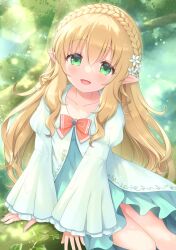 Rule 34 | 1girl, absurdres, blonde hair, blue dress, blush, bow, commission, dress, green eyes, highres, indie virtual youtuber, kemamire, long hair, open mouth, orange bow, pointy ears, skeb commission, smile, soara (vtuber), solo, tree, wide sleeves