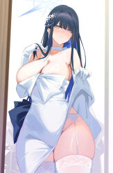 Rule 34 | 1girl, absurdres, bare shoulders, black hair, blue archive, blue eyes, blue hair, blue halo, blush, breasts, choker, closed mouth, clothes lift, colored inner hair, cowboy shot, dress, dress lift, elbow gloves, garter belt, garter straps, gloves, halo, highres, kakumayu, large breasts, lifted by self, long hair, looking at viewer, multicolored hair, nose blush, official alternate costume, saori (blue archive), saori (dress) (blue archive), skindentation, solo, standing, strapless, strapless dress, sweatdrop, thick thighs, thighhighs, thighs, white choker, white dress, white gloves