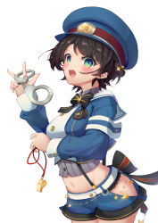 Rule 34 | 1girl, absurdres, aqua eyes, arm under breasts, armband, black bow, black bowtie, black hair, blouse, blue hat, blue jacket, blue shorts, blush, bow, bowtie, breasts, commentary, cowboy shot, cropped jacket, cuffs, grey shirt, hand up, handcuffs, hat, highres, hip vent, holding, holding handcuffs, holding whistle, hololive, jacket, looking at viewer, medium breasts, midriff, navel, oozora subaru, oozora subaru (work), open mouth, police, police hat, police uniform, shirt, short hair, short shorts, shorts, shyi, simple background, solo, standing, striped clothes, striped shirt, teeth, uniform, upper teeth only, vertical-striped clothes, vertical-striped shirt, virtual youtuber, whistle, white background