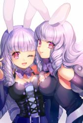 Rule 34 | 10s, 2girls, :p, animal ears, blush, breasts, chuchu (show by rock!!), cleavage, curly hair, dual persona, heart, heart-shaped pupils, large breasts, long hair, looking at viewer, md5 mismatch, momoshiki tsubaki, multiple girls, one eye closed, purple hair, rabbit ears, resolution mismatch, show by rock!!, simple background, smile, source larger, symbol-shaped pupils, tongue, tongue out