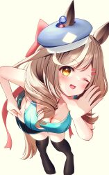 Rule 34 | 1girl, absurdres, animal ears, bent over, blush, breasts, brown eyes, brown hair, cleavage, collarbone, commentary request, floor, hair ornament, hairclip, hat, highres, horse ears, horse girl, horse tail, leaning forward, looking at viewer, matikane tannhauser (umamusume), medium breasts, one eye closed, open mouth, ponta (1859ysmssstsp), solo, tail, thighhighs, umamusume, yellow eyes