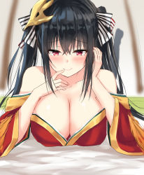 Rule 34 | 1girl, azur lane, bare shoulders, black hair, blush, breasts, cleavage, closed mouth, collarbone, hair between eyes, hair ribbon, highres, japanese clothes, karo-chan, kimono, large breasts, long hair, long sleeves, looking at viewer, lying, mask, mask on head, on stomach, red eyes, red kimono, ribbon, smile, solo, striped ribbon, taihou (azur lane), twintails, wide sleeves