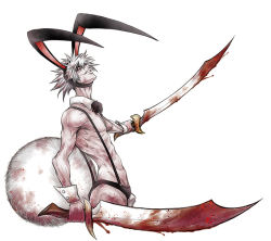 Rule 34 | 1boy, abs, animal ears, artist request, black bow, black bowtie, black sclera, blood, bow, bowtie, colored sclera, detached collar, dual wielding, evil smile, fangs, holding, holding sword, holding weapon, juuni taisen, looking at viewer, male focus, male playboy bunny, muscular, official art, pale skin, rabbit ears, rabbit tail, scimitar, sharp teeth, short shorts, shorts, simple background, smile, solo, spiked hair, suspender shorts, suspenders, sword, tail, teeth, upper body, usagi (juuni taisen), weapon, white background, white hair, wrist cuffs