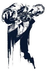 Rule 34 | 1boy, aiming, aiming at viewer, blue theme, character request, coat, commentary request, facial hair, gas-seal revolver, golden kamuy, greyscale, gun, handgun, highres, holding, holding gun, holding weapon, holster, long sleeves, looking at viewer, male focus, monochrome, nagant m1895, open clothes, parted lips, revolver, shaded face, simple background, solo, stubble, trigger discipline, weapon, white background, zifletts