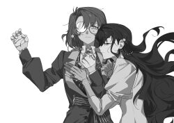 Rule 34 | 2girls, closed eyes, closed mouth, coat, commentary, dress, glasses, gloves, greyscale, half gloves, hand on another&#039;s chest, head on another&#039;s shoulder, highres, isolde (reverse:1999), juliet sleeves, kakania (reverse:1999), long hair, long sleeves, molu stranger, monochrome, multiple girls, neck ribbon, puffy sleeves, reverse:1999, ribbon, short hair, tears, upper body, yuri