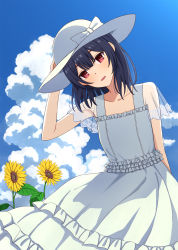 Rule 34 | 1girl, :d, blue dress, blue hair, cloud, cloudy sky, day, dress, flower, hat, highres, holding, holding clothes, holding hat, idolmaster, idolmaster shiny colors, looking at viewer, medium hair, morino rinze, open mouth, red eyes, see-through, see-through sleeves, sky, smile, solo, sunflower, yahiro (epicopeiidae)