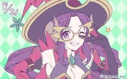 Rule 34 | 1girl, \m/, breasts, cleavage, cleavage cutout, clothing cutout, copyright notice, cygames, glasses, green background, hat, highres, horns, nanaka (princess connect!), official art, one eye closed, princess connect!, purple eyes, purple hair, twintails, witch hat