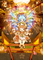 Rule 34 | 2girls, :3, :d, ;d, animal, animal hug, animal on head, architecture, bad id, bad pixiv id, barefoot, blue eyes, blue hair, blush, brown eyes, brown hair, cat, cat on head, chen, cirno, east asian architecture, feet, hat, ice, ice wings, im (badmasa), lantern, looking at viewer, maneki-neko, multiple girls, on head, one eye closed, open mouth, paw pose, perspective, petals, scenery, short hair, sitting, smile, torii, touhou, wings, wink