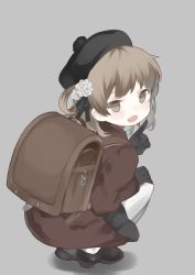 Rule 34 | 1girl, :d, backpack, bad id, bad pixiv id, bag, beret, black footwear, black gloves, black hat, black ribbon, black skirt, blush, brown eyes, brown hair, brown jacket, commentary request, flower, full body, gloves, grey background, hair flower, hair ornament, hair rings, hasegawa (rarairairai), hat, hatoba tsugu, highres, jacket, long sleeves, looking at viewer, looking to the side, mole, mole under eye, muted color, open mouth, pantyhose, ribbon, shoes, skirt, smile, solo, squatting, virtual youtuber, white flower, white pantyhose