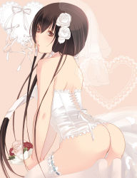 Rule 34 | 1boy, androgynous, ass, back, bare shoulders, blush, bouquet, bow, bridal veil, bride, brown eyes, brown hair, corset, crossdressing, flower, fuuchouin kazuki, getbackers, hair ornament, highres, kneeling, lingerie, long hair, looking back, male focus, panties, papillon10, rose, solo, thighhighs, thighs, thong, trap, underwear, veil, white panties, white thighhighs