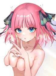 Rule 34 | :o, aibon, blue eyes, blush, breasts, breasts squeezed together, butterfly hair ornament, collarbone, go-toubun no hanayome, hair ornament, highres, medium breasts, nail polish, nakano nino, nipples, nude, own hands together, pink hair, short hair, steam, upper body