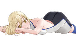 Rule 34 | 1girl, aiz wallenstein, ass, backless outfit, black skirt, blonde hair, blue footwear, boots, breasts, dungeon ni deai wo motomeru no wa machigatteiru darou ka, easy (aqk7bdqt), long hair, looking at viewer, lying, medium breasts, on stomach, simple background, skirt, solo, thigh boots, thighhighs, white background, yellow eyes