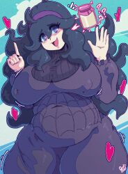 Rule 34 | 1girl, ?, @ @, ahoge, benbeau, black hair, black nails, blue sky, blush, bottle, breasts, cloud, covered erect nipples, cowboy shot, creatures (company), curvy, day, dress, game freak, hair between eyes, hairband, heart, hex maniac (pokemon), highres, huge breasts, long hair, long sleeves, messy hair, milk bottle, moomoo milk, nail polish, nintendo, open mouth, outline, plump, pokemon, pokemon xy, purple dress, purple eyes, sky, smile, solo, spider web print, standing, stomach, sweater, turtleneck, turtleneck sweater, white outline, wide hips