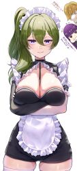 Rule 34 | 1boy, 2girls, :t, alternate costume, apron, arm garter, between breasts, black dress, blonde hair, breasts, closed mouth, crossed arms, dress, eating, enmaided, fern (sousou no frieren), frilled apron, frills, gloves, green hair, hair between eyes, highres, land (sousou no frieren), large breasts, long hair, looking at viewer, maid, maid apron, maid headdress, multiple girls, natsu08kankitsu, purple eyes, purple hair, short hair, side ponytail, single glove, skindentation, sleeveless, sleeveless dress, smile, sousou no frieren, thighhighs, thumbs up, translation request, ubel (sousou no frieren), waist apron, white apron, white background, white thighhighs, yami anko