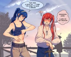 Rule 34 | 2girls, artist name, bare shoulders, belt, blue hair, blush, clothes lift, cloud, commentary, english text, fence, fire emblem, fire emblem awakening, injury, looking at another, lucina (fire emblem), midriff, multiple girls, navel, nintendo, open mouth, pants, ponytail, red hair, scar, severa (fire emblem), shirt, shirt lift, sky, star (symbol), sweat, sword, thought bubble, ticcy, tree, twintails, weapon, white shirt, wooden sword, yuri