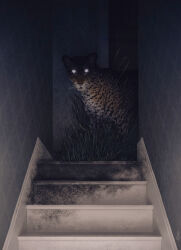 animal animal_focus blank_eyes brown_fur commentary dappermouth dark dim_lighting dirty doorway english_commentary hallway highres horror_(theme) indoors leopard looking_at_viewer no_humans original overgrown plant realistic shaded_face shadow smile spots stairs standing wallpaper_(object) white_eyes