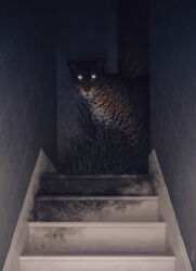 Rule 34 | animal, animal focus, blank eyes, brown fur, commentary, dappermouth, dark, dim lighting, dirty, doorway, english commentary, hallway, highres, horror (theme), indoors, leopard, looking at viewer, no humans, original, overgrown, plant, realistic, shaded face, shadow, smile, spots, stairs, standing, wallpaper (object), white eyes