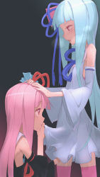 Rule 34 | 2girls, aqua hair, artist request, black dress, blue dress, blue hair, blunt bangs, character request, copyright request, detached sleeves, dress, fingering, grey background, hands on another&#039;s head, highres, long hair, multiple girls, open mouth, pink eyes, pink hair, pink legwear, profile, pussy juice, pussy juice trail, red eyes, simple background, sweat, thighhighs