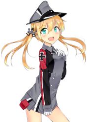 Rule 34 | 10s, 1girl, ainvy (envieout), anchor hair ornament, bad id, bad pixiv id, blonde hair, cowboy shot, dress, dress tug, embarrassed, gloves, green eyes, hair ornament, hand on own chest, hat, kantai collection, looking at viewer, low twintails, military, military hat, military uniform, open mouth, peaked cap, prinz eugen (kancolle), solo, transparent background, twintails, uniform, wavy mouth, white gloves