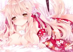 Rule 34 | 1girl, :3, animal ears, ass, bare shoulders, between breasts, blonde hair, blush, breasts, breasts out, brown eyes, cat ears, cleavage, dog ears, dog tail, flower, hair flower, hair ornament, japanese clothes, kimono, large breasts, long hair, looking at viewer, lying, nanase kureha, nanase nao, on stomach, original, pillow, ribbon, solo, tail