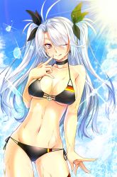 Rule 34 | 1girl, :q, antenna hair, azur lane, bare shoulders, bikini, black bikini, black choker, black ribbon, blush, breasts, brown eyes, choker, collarbone, commentary request, cross, cross earrings, day, earrings, eyes visible through hair, finger to mouth, flag print, gekato, german flag bikini, gluteal fold, hair between eyes, hair ribbon, head tilt, highres, jewelry, large breasts, long hair, looking at viewer, multicolored hair, navel, one eye closed, outdoors, prinz eugen (azur lane), prinz eugen (unfading smile) (azur lane), red hair, ribbon, side-tie bikini bottom, sky, solo, standing, streaked hair, sunlight, swept bangs, swimsuit, thigh strap, tongue, tongue out, two side up, white hair