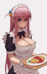 Rule 34 | 1girl, apron, black bow, blue eyes, bocchi the rock!, bow, breasts, cleavage, closed mouth, cube hair ornament, detached collar, food, frilled apron, frills, gotoh hitori, hair ornament, highres, holding, holding plate, ketchup, large breasts, looking at viewer, maid, maid headdress, official alternate costume, omelet, omurice, plate, revision, short sleeves, simple background, solo, sweat, white background, zefrableu