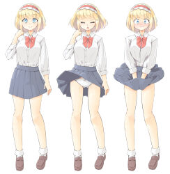 Rule 34 | 1girl, alice margatroid, arnest, black skirt, blonde hair, blue eyes, blush, bow, bowtie, brown footwear, buttons, closed eyes, closed mouth, clothes lift, collared shirt, commission, full body, hairband, highres, lolita hairband, long sleeves, multiple views, open mouth, panties, pleated skirt, red bow, red bowtie, red hairband, shirt, shoes, short hair, simple background, skeb commission, skirt, skirt lift, smile, socks, tears, touhou, underwear, white background, white panties, white shirt, white socks