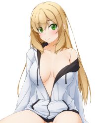 Rule 34 | 1girl, blonde hair, blush, breasts, cleavage, closed mouth, collarbone, commentary request, green eyes, hinata masaki, hood, hooded jacket, jacket, large breasts, long hair, long sleeves, naked jacket, original, partially unzipped, sitting, smile, solo, thighs, white jacket