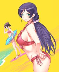 Rule 34 | 2girls, a1 (initial-g), bikini, black hair, bow, breasts, closed mouth, commentary request, from side, green eyes, hair bow, highres, innertube, large breasts, long hair, looking at viewer, love live!, love live! school idol festival, love live! school idol project, low twintails, multiple girls, ocean, parted bangs, pink bikini, pink scrunchie, purple hair, red eyes, scrunchie, side-tie bikini bottom, sideboob, slippers, smile, standing, sunglasses, sunglasses on head, swim ring, swimsuit, tojo nozomi, twintails, water, yazawa nico, yellow background