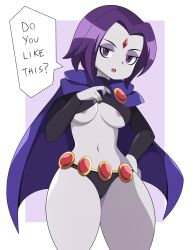 Rule 34 | 1girl, absurdres, abysswatchers, breasts, cape, cartoon network, dc comics, highres, lifting own clothes, panties, purple cape, purple eyes, purple hair, rachel roth, raven (dc), solo, speech bubble, teasing, teen titans, thick thighs, thighs, underwear