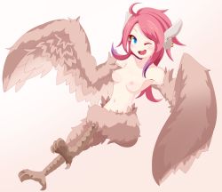 Rule 34 | 1girl, absurdres, ahoge, animal ears, animal feet, bird ears, bird legs, blue eyes, blush, breasts, brown feathers, brown wings, commentary request, earrings, feathered wings, feathers, harpy, reina (mon-musu quest!), highres, jewelry, long hair, medium breasts, mon-musu quest!, monster girl, navel, nipples, nude, one eye closed, open mouth, philip (n1k2-j), pink hair, simple background, solo, white background, winged arms, wings