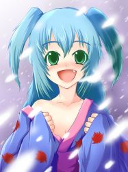 Rule 34 | 1girl, bad id, bad pixiv id, bare shoulders, blue hair, blush, breasts, cleavage, collarbone, fang, female focus, green eyes, japanese clothes, kimono, off shoulder, open mouth, original, robe slip, sashiromiya sasha, short twintails, sleeves past wrists, sleeves pasts wrists, small breasts, snow, snowing, solo, tama go, touhou, twintails, upper body
