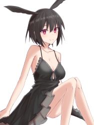 Rule 34 | 1girl, bare shoulders, black hair, blush, breasts, cleavage, closed mouth, collarbone, elfenlied22, fate/grand order, fate (series), hair between eyes, head wings, highres, knees up, large breasts, looking at viewer, ortlinde (fate), red eyes, short hair, simple background, sitting, smile, solo, valkyrie (fate), white background, wings
